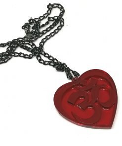 OM Necklace transparent red- AUM Pendant with black chain 60cm