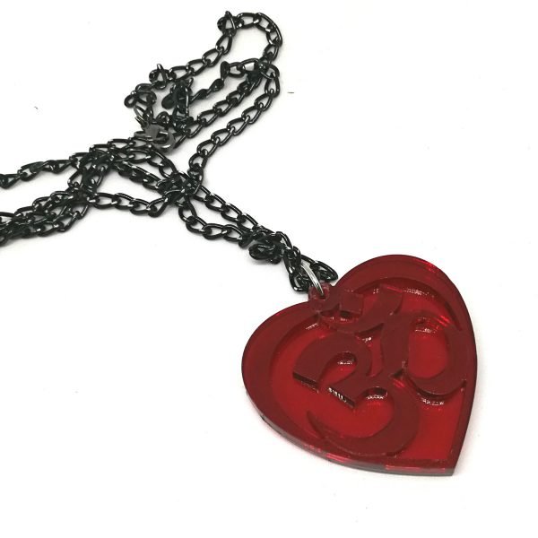 OM Necklace transparent red- AUM Pendant with black chain 60cm