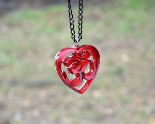 OM Necklace red acrylic- AUM Pendant with black chain